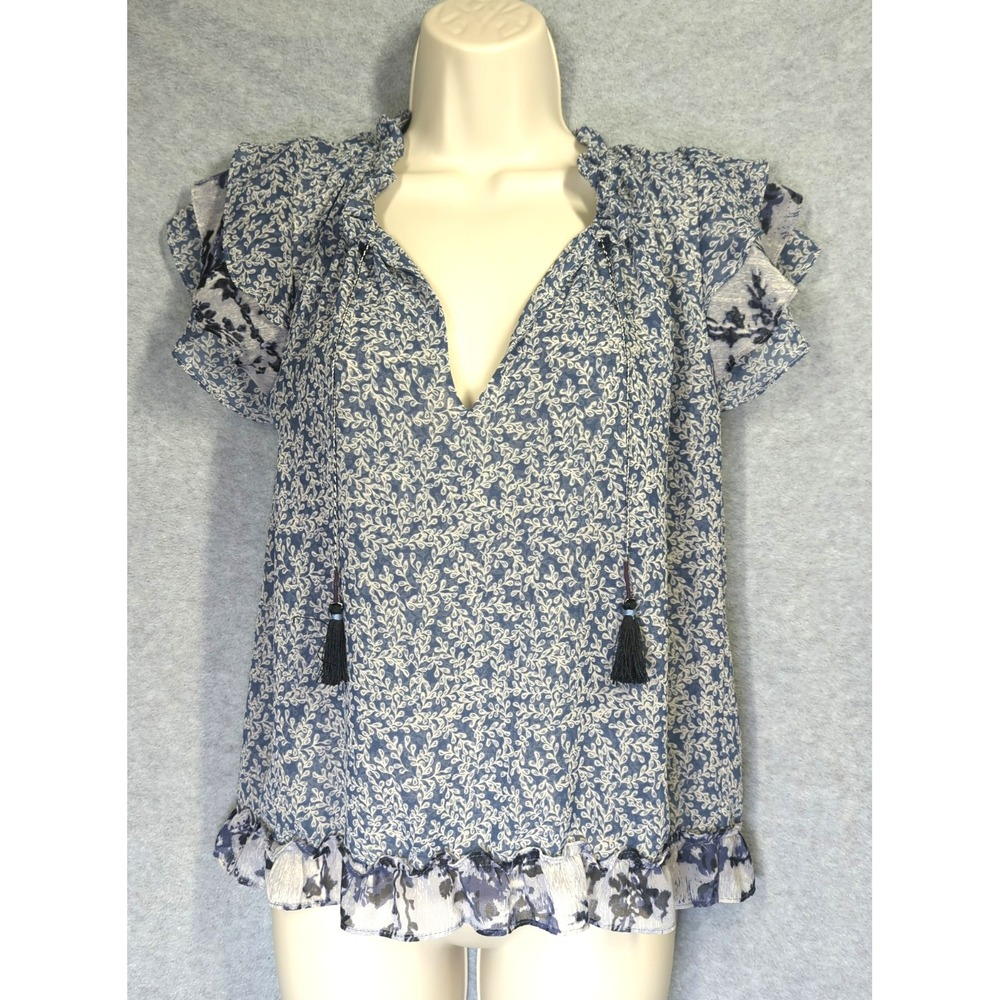 MISA Los Angeles Blouse XS Chiffon Flutter Sleeve Ruffle Hem Blue Boho Feminine
